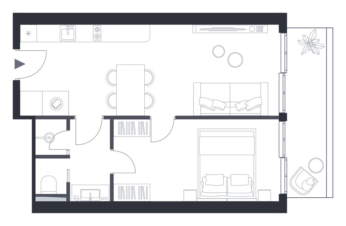 Планировка 1-спальных апартаментов премиум-класса, 55,6 м²