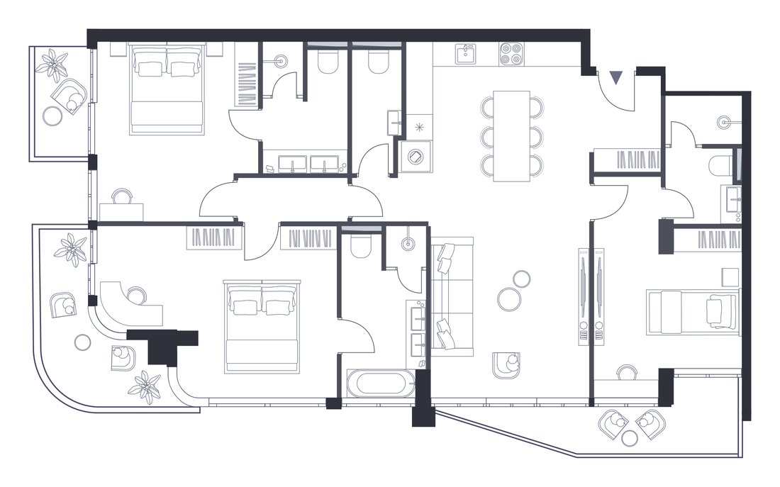 Планировка 3-спальных апартаментов премиум-класса, 155,2 м²